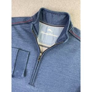 Tommy Bahama Quarter Zip Sweater Men's Size Medium Blue Chambray Preppy Fish